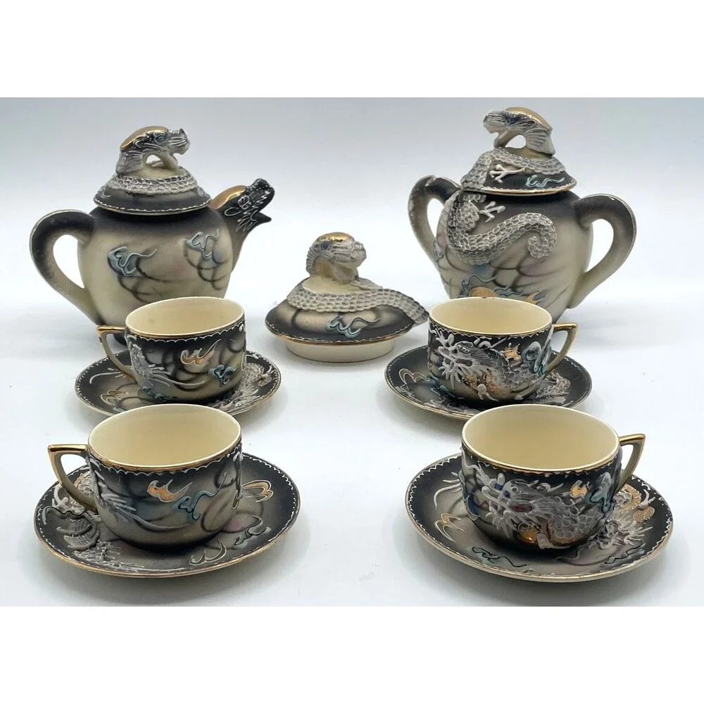 Vintage Dragon Ware Tea Set Moriage 13 Pieces Made in Japan 1940s